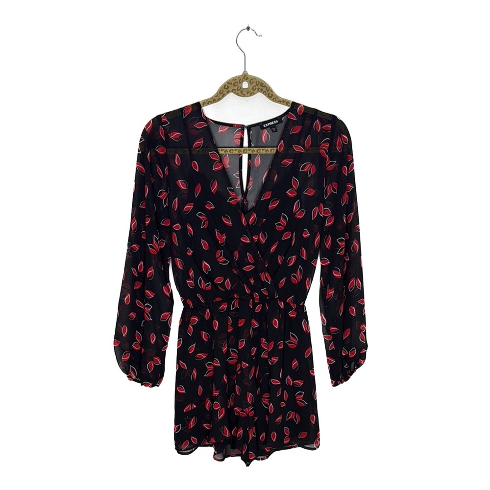 Express Black Polyester Long Sleeve Romper with Red Flower Petal Pattern Size XS